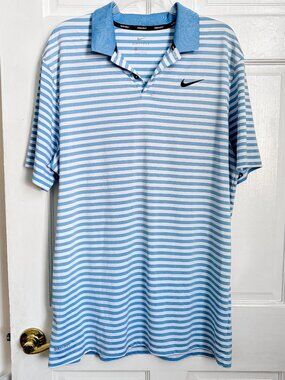 Nike Polo Shirt Mens Extra Large Blue Striped Drifit Performance Swoosh Golf XL